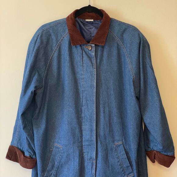 70s Vintage XXL long sleeve trench coat blue denim corduroy brown button down - Picture 2 of 7